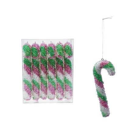 6” candy cane ornaments in green, pink, and white glitter stripes.