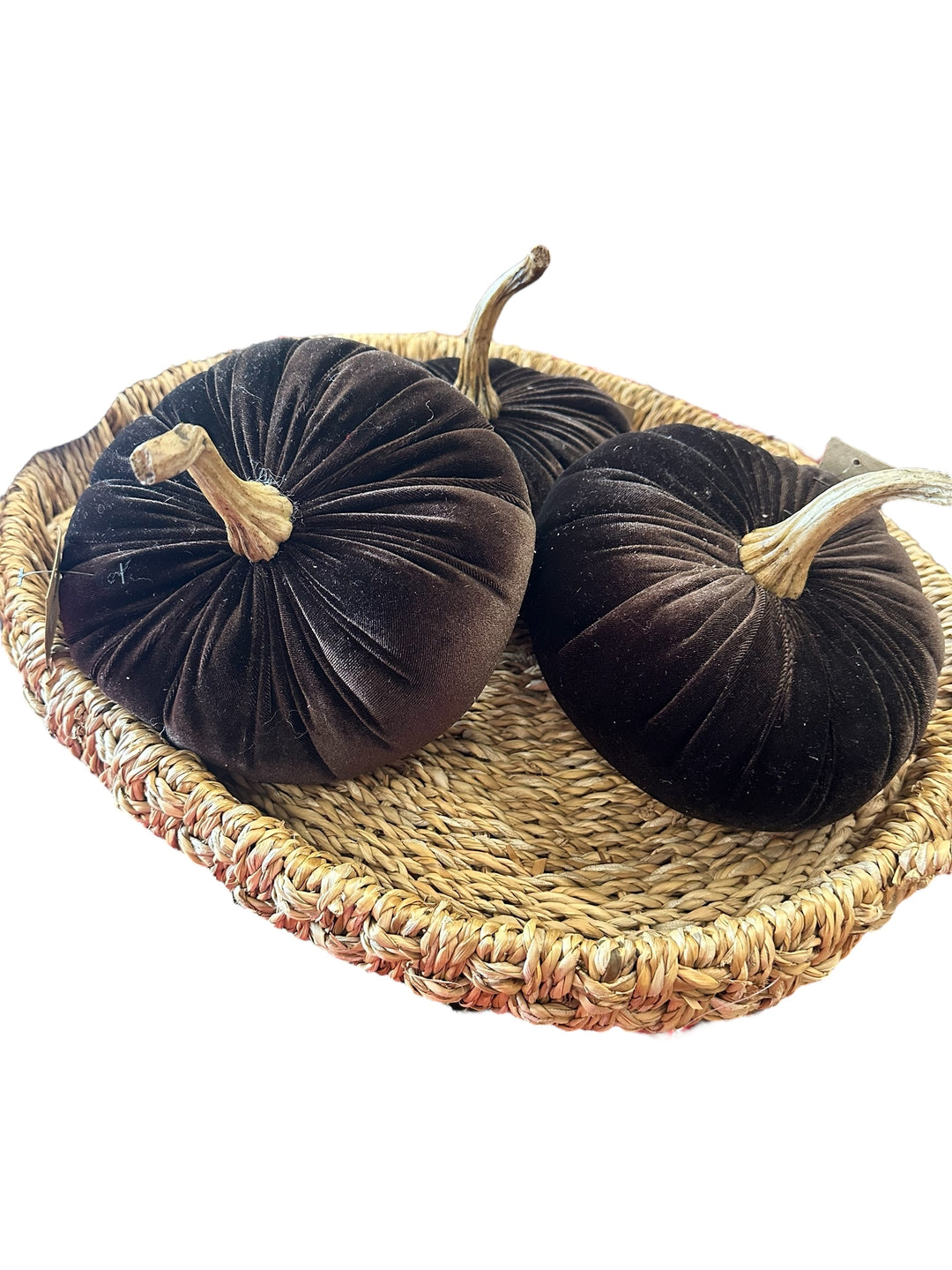 Set of three round velvet pumpkins with resin stems. Available in small, medium, and large sizes.