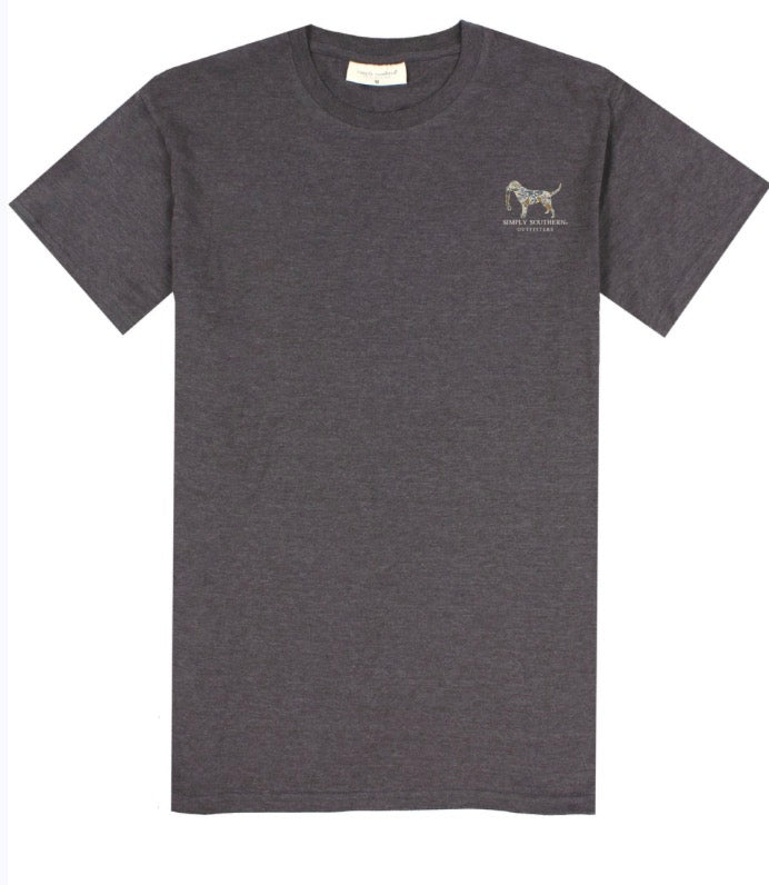 Men’s Camodog Short Sleeve T-Shirt in dark gray with small camo dog silhouette and text on left chest. Sizes S–XXL available.