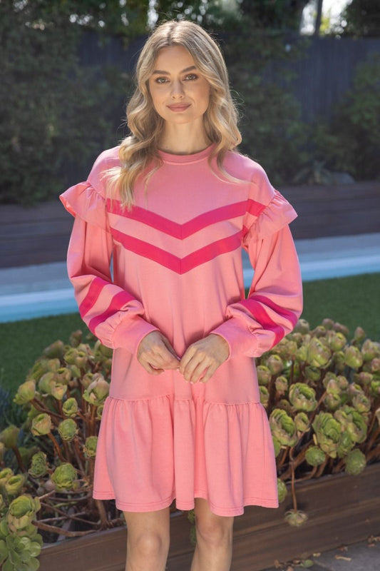 Terry Striped Dress: pink with ruffle details, long puff sleeves, dark pink chevrons. Available in sizes XS-XL.