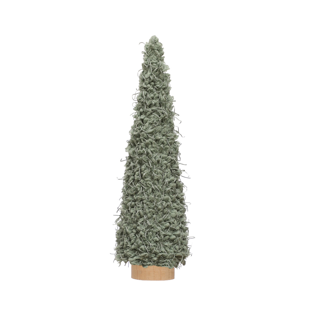 Small Fabric Tree w/Wood Base, mint green conical tree on a round wooden base.