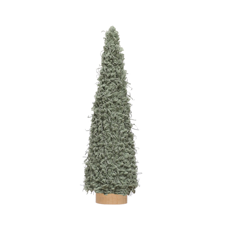Small Fabric Tree w/Wood Base, mint green conical tree on a round wooden base.