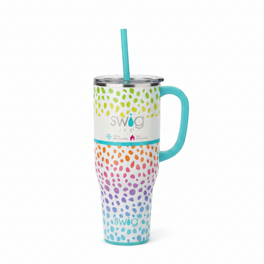40oz Wild Child Mega Tumblr with teal handle, straw, triple-insulation, dotted pattern, and "Swig Life" on white upper section.