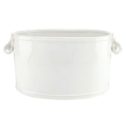 Glossy white oval Ceramic Ribbon Handle Bucket with two ribbon-shaped side handles. Available in multiple sizes.