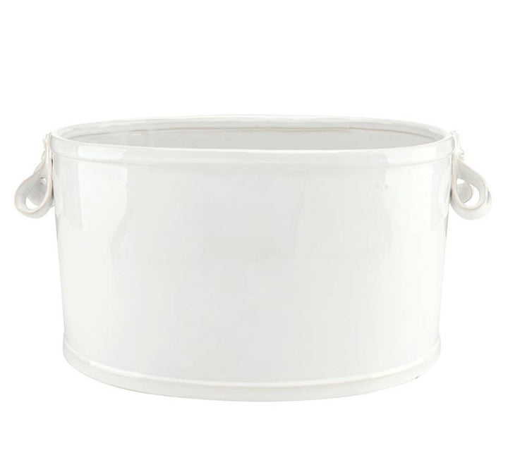 Glossy white oval Ceramic Ribbon Handle Bucket with two ribbon-shaped side handles. Available in multiple sizes.