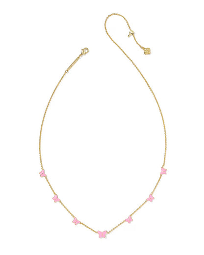 Gold necklace with five small pink butterfly charms, adjustable clasp, signature tag. Available in 16", 18", and 20".