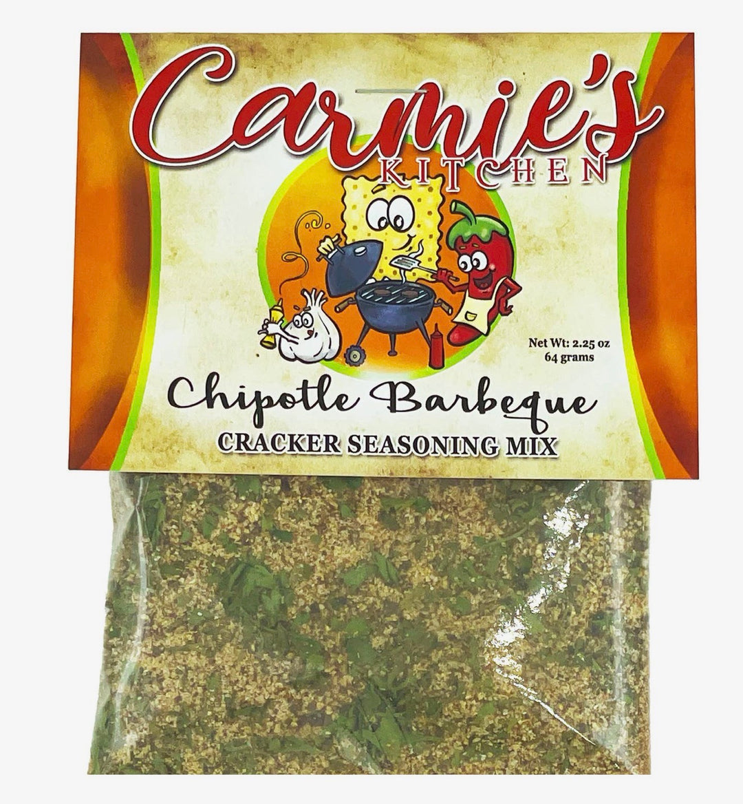 Cracker Seasoning Mix Chipotle Barbeque in clear pouch with cartoon label; available in various sizes.