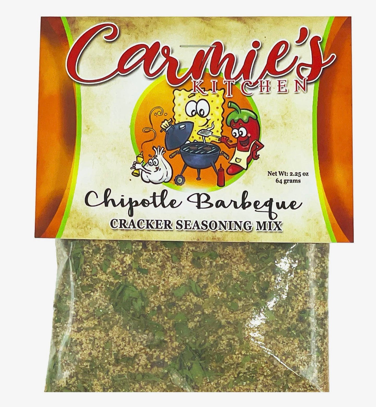 Cracker Seasoning Mix Chipotle Barbeque in clear pouch with cartoon label; available in various sizes.