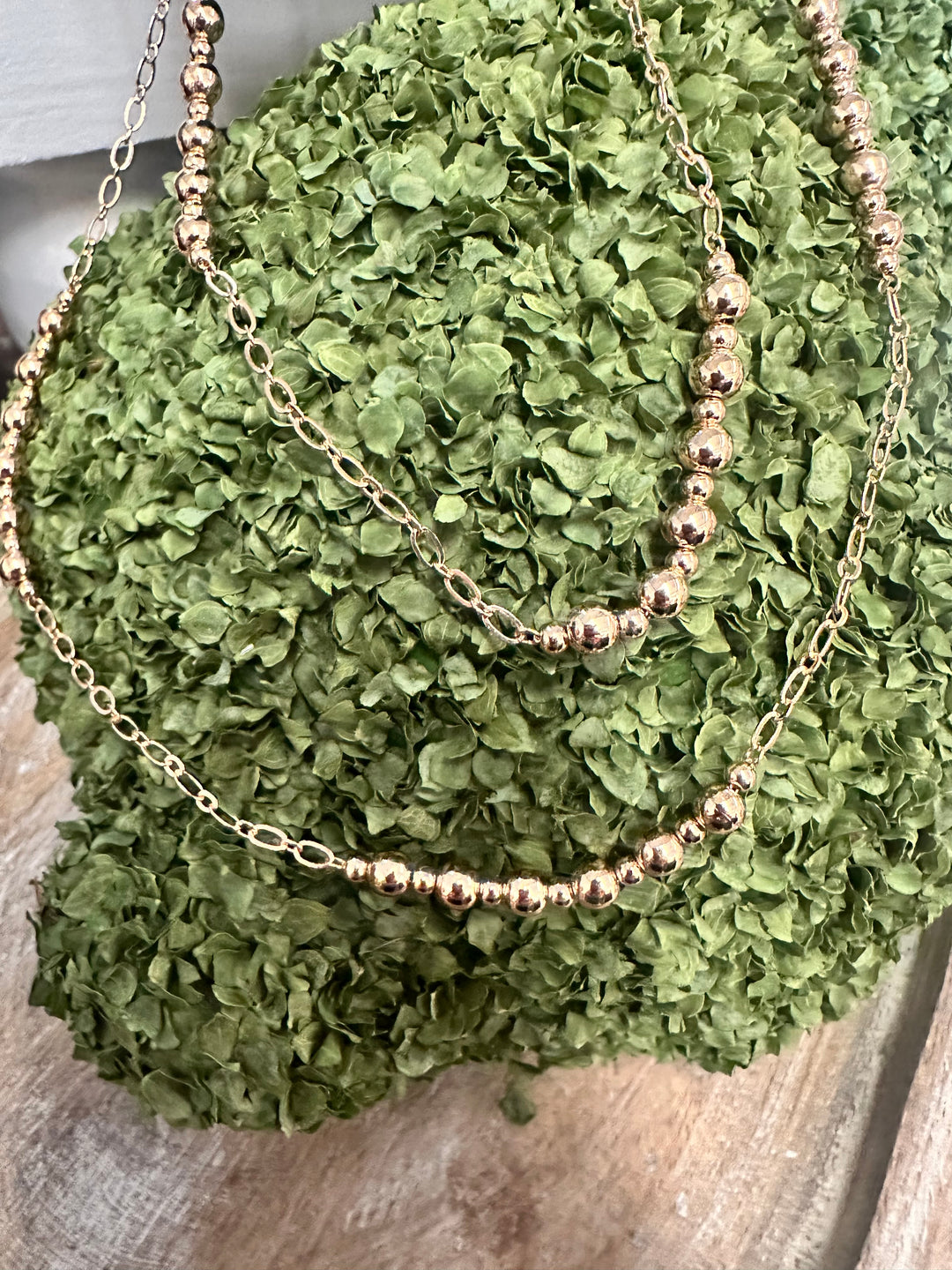 Water Resistant Gold Beaded and Pearl Necklace with gold beads and pearls on a delicate chain, available in 32”.