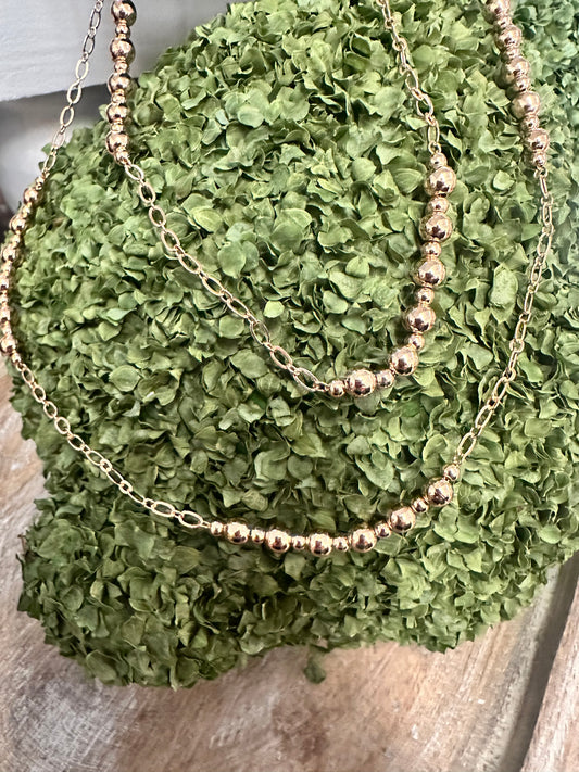 Water Resistant Gold Beaded and Pearl Necklace with gold beads and pearls on a delicate chain, available in 32”.