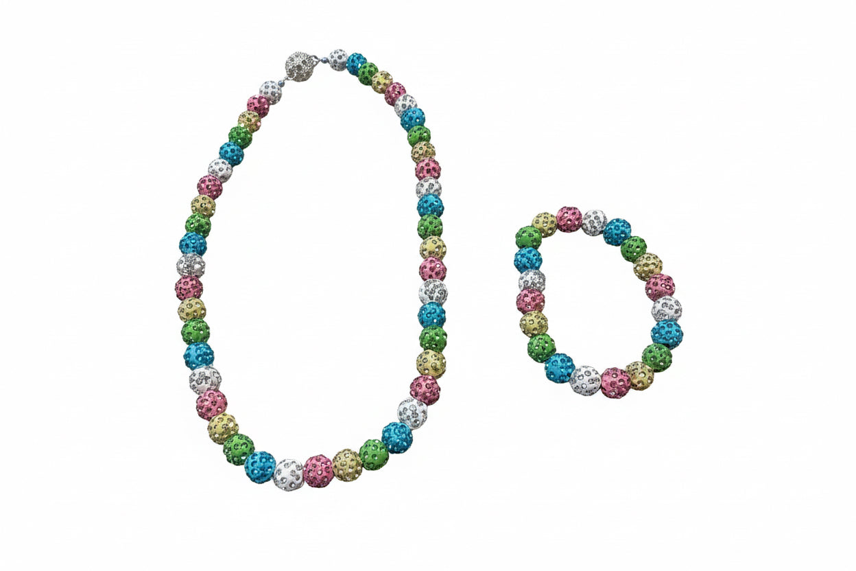 Colorful stretch bracelet and magnetic clasp necklace with round blue, green, pink, silver, gold beads. Sizes: S/M/L.