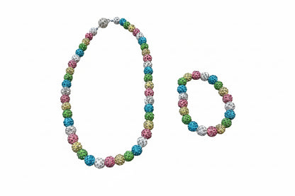 Colorful stretch bracelet and magnetic clasp necklace with round blue, green, pink, silver, gold beads. Sizes: S/M/L.