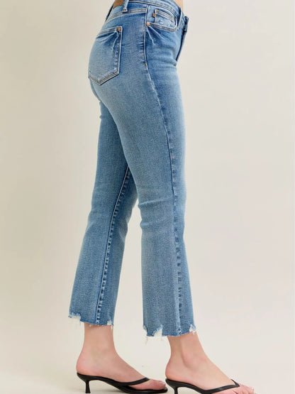 Judy Blue MR Kick Flare Destroy Hem Vintage Wash Jeans shown; available in sizes 0-20.