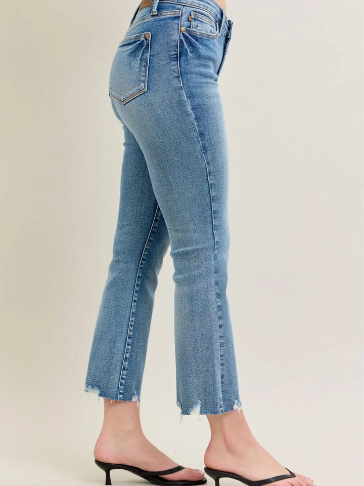 Judy Blue MR Kick Flare Destroy Hem Vintage Wash Jeans shown; available in sizes 0-20.
