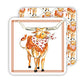 The Square Coaster Handpainted set features a watercolor illustration of a brown longhorn cow with a red and white bandana. The front coaster's orange border enhances the design, set against similar cow patterns on the reverse. Available sizes: 4"x4".