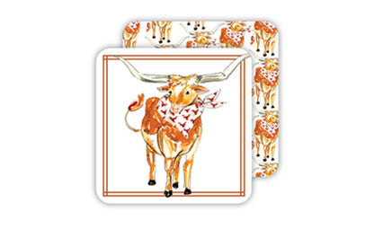 The Square Coaster Handpainted set features a watercolor illustration of a brown longhorn cow with a red and white bandana. The front coaster's orange border enhances the design, set against similar cow patterns on the reverse. Available sizes: 4"x4".