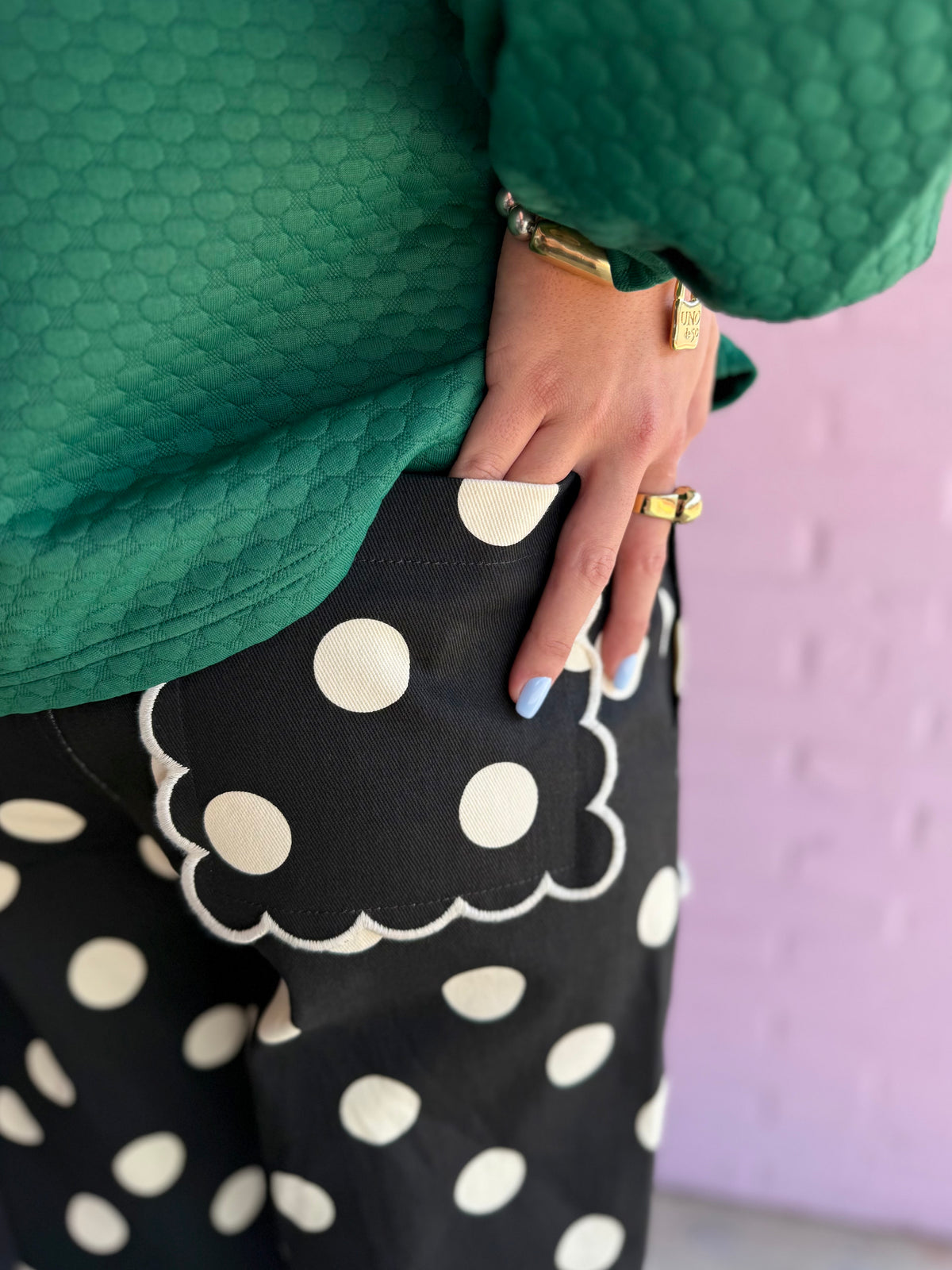 Polka Dot Scalloped Jeans featuring a scalloped pocket detail; available in sizes 24-32.