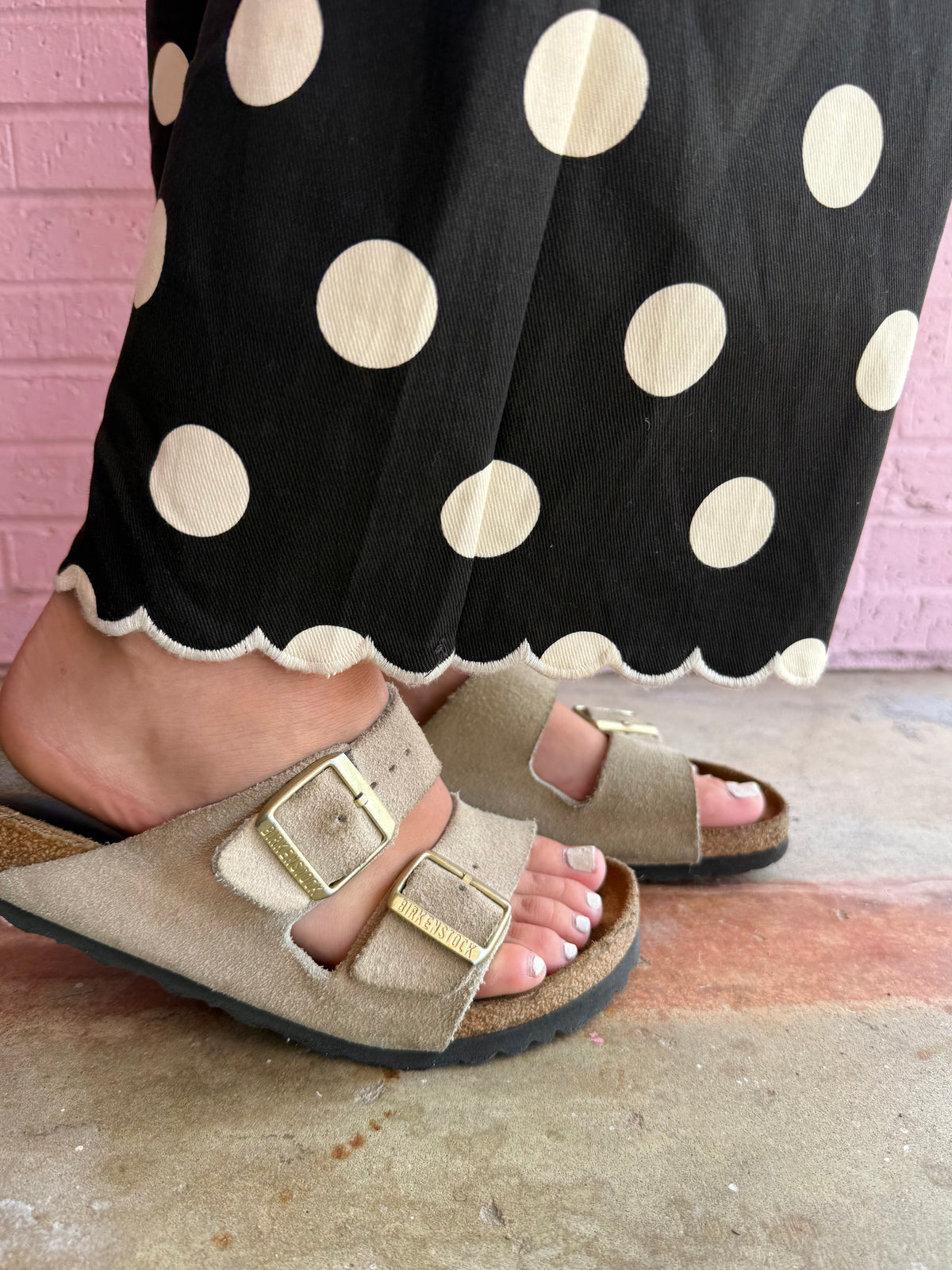 Polka Dot Scalloped Jeans, available in sizes XS-XL.