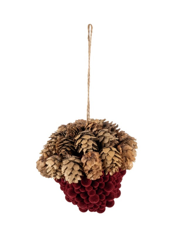 Flocked foam acorn ornament with pinecone top and dark red sphere base, hanging from twine.