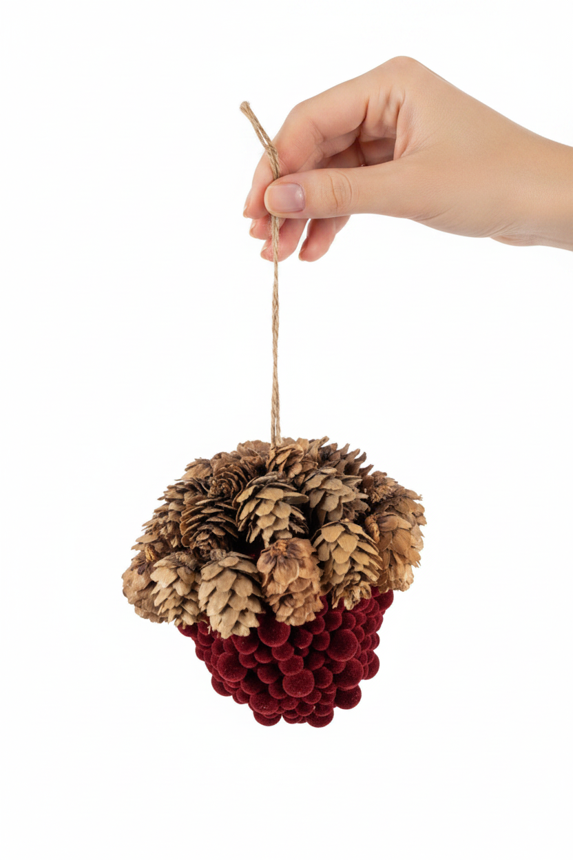 Flocked Foam Acorn Ornament with a red base, pinecone cap, and twine string.