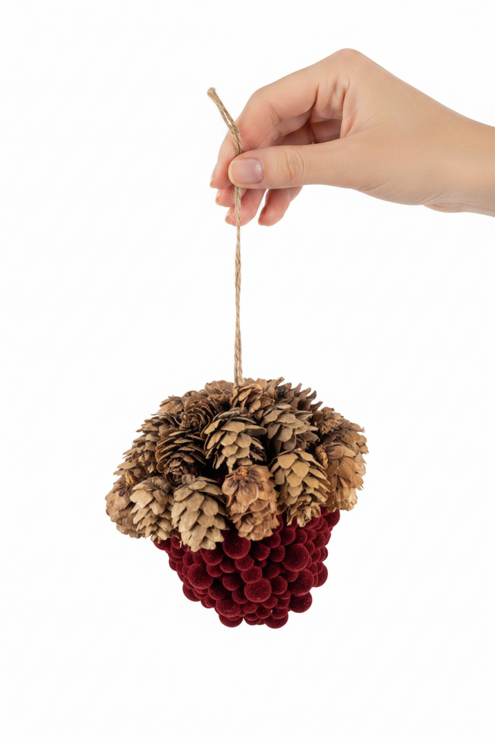 Flocked Foam Acorn Ornament with a red base, pinecone cap, and twine string.