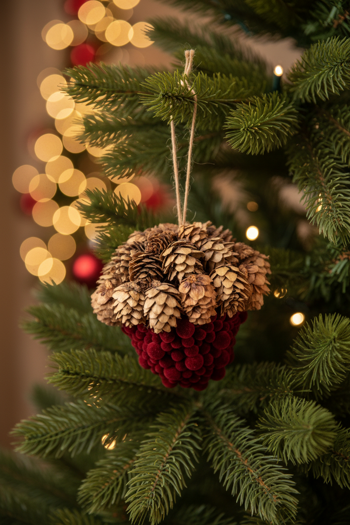Flocked foam acorn ornament with a pinecone cap and textured dark red base.