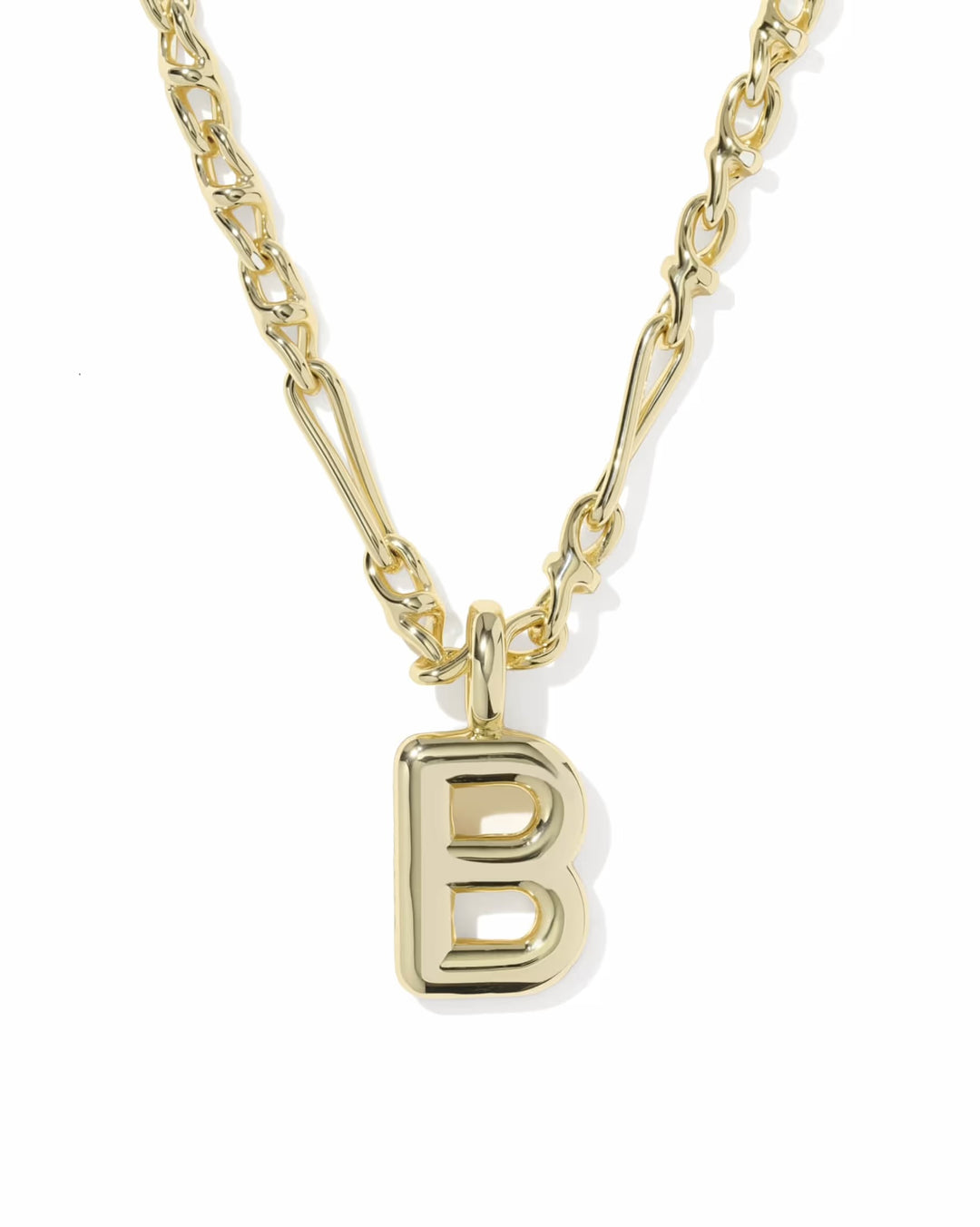 Gold chain necklace with a shiny gold bubble letter "B" pendant. Available in 16", 18", and 20" lengths.