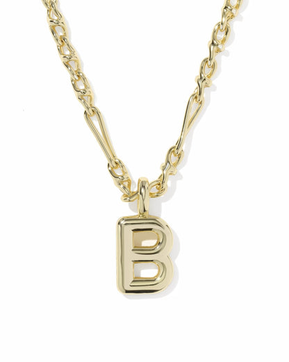 Gold chain necklace with a shiny gold bubble letter "B" pendant. Available in 16", 18", and 20" lengths.