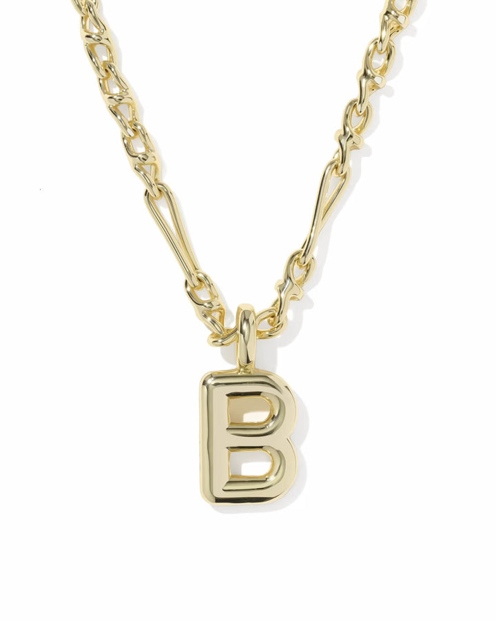 Gold chain necklace with a shiny gold bubble letter "B" pendant. Available in 16", 18", and 20" lengths.