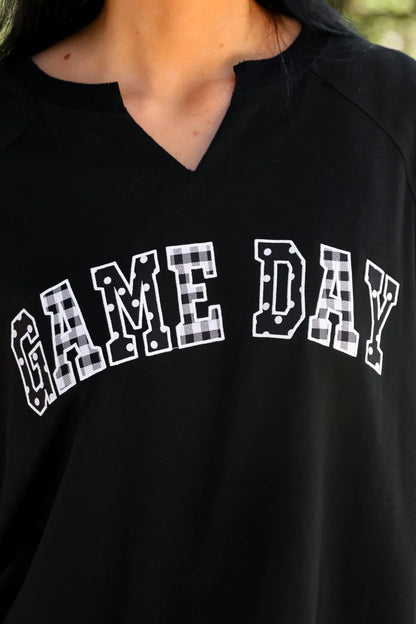 Game Day French Terry Pullover with bold, patterned white “GAME DAY” lettering across the chest; available in sizes S-XL.