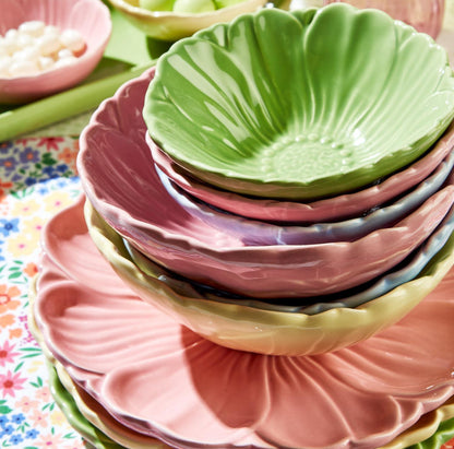 Flora Flower Accent Dishes: ceramic, petal-shaped bowls in pink, green, and purple. Available in small, medium, and large.