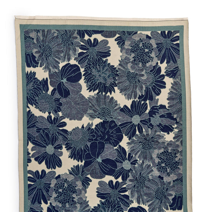 Blue floral scarf with a teal border, off-white background. Available in multiple sizes.