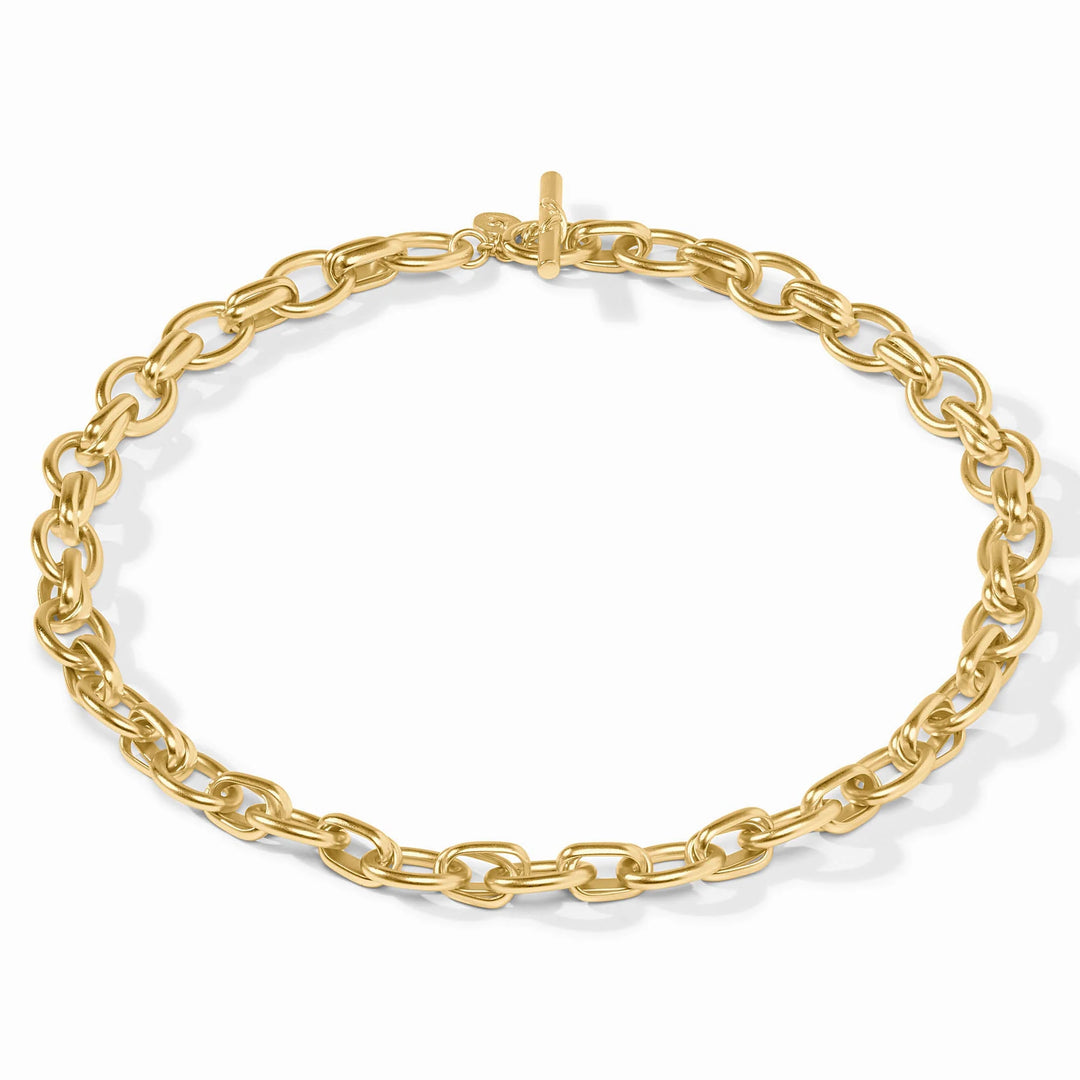 Essex Link Necklace: gold chain with oval links and toggle clasp, available in 24K gold plate. Adjustable length. Sizes available: 18″, 21″. Designed by Julie Vos.