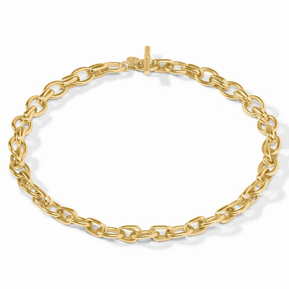 Essex Link Necklace: gold chain with oval links and toggle clasp, available in 24K gold plate. Adjustable length. Sizes available: 18″, 21″. Designed by Julie Vos.