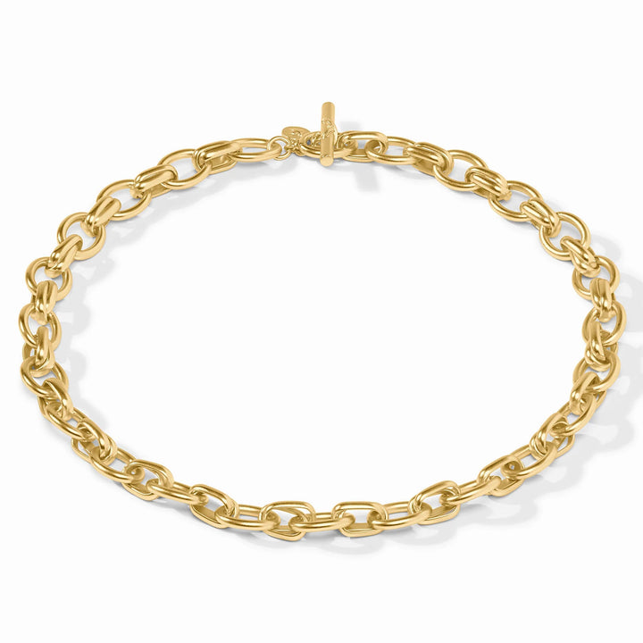 Essex Link Necklace: gold chain with oval links and toggle clasp, available in 24K gold plate. Adjustable length. Sizes available: 18″, 21″. Designed by Julie Vos.