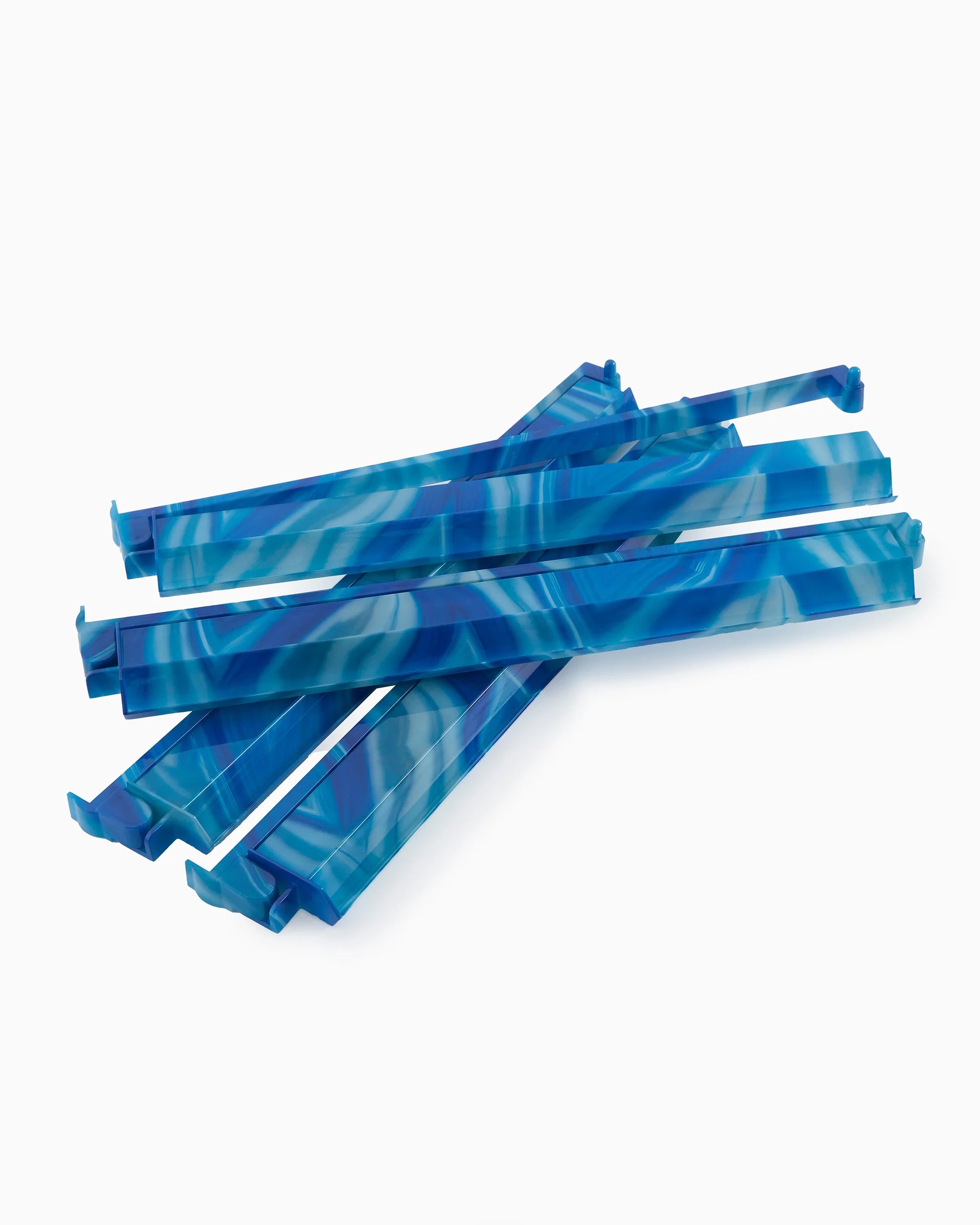Mahjong Rack Pusher Set with blue and white marbled plastic strips and hooked ends. Available in standard 11-inch and 14-inch sizes.