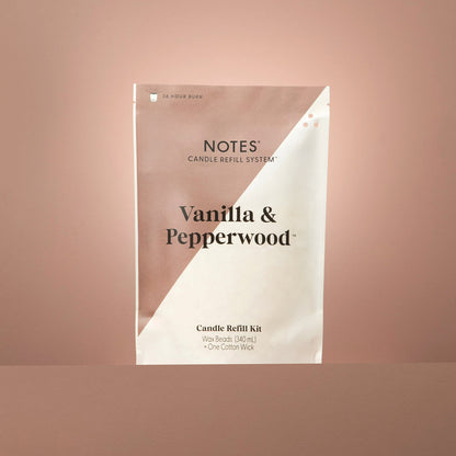 Beige and white "Notes Candle Refill" pouch. Available sizes: 6 oz, 18 oz.