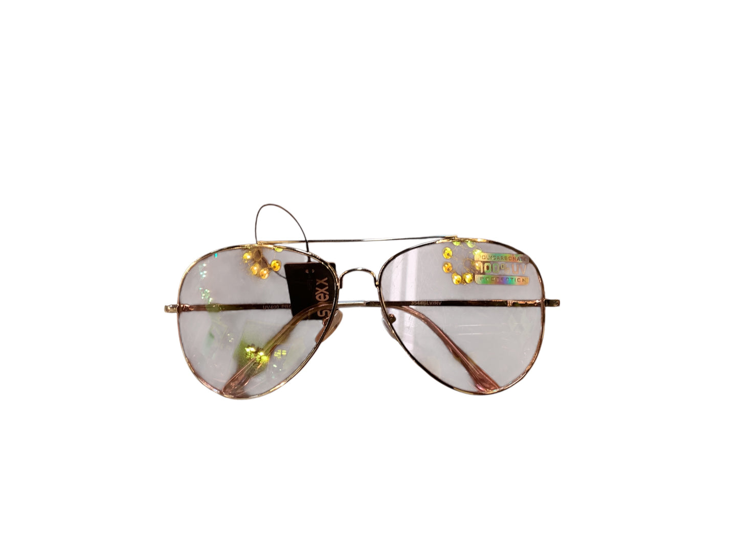 Square Frame Sunglasses with thin metal frame, iridescent lenses, yellow fairy lights, black tag. Sizes: S, M, L.