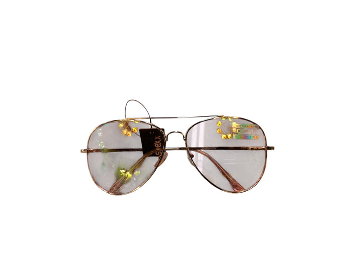 Square Frame Sunglasses with thin metal frame, iridescent lenses, yellow fairy lights, black tag. Sizes: S, M, L.