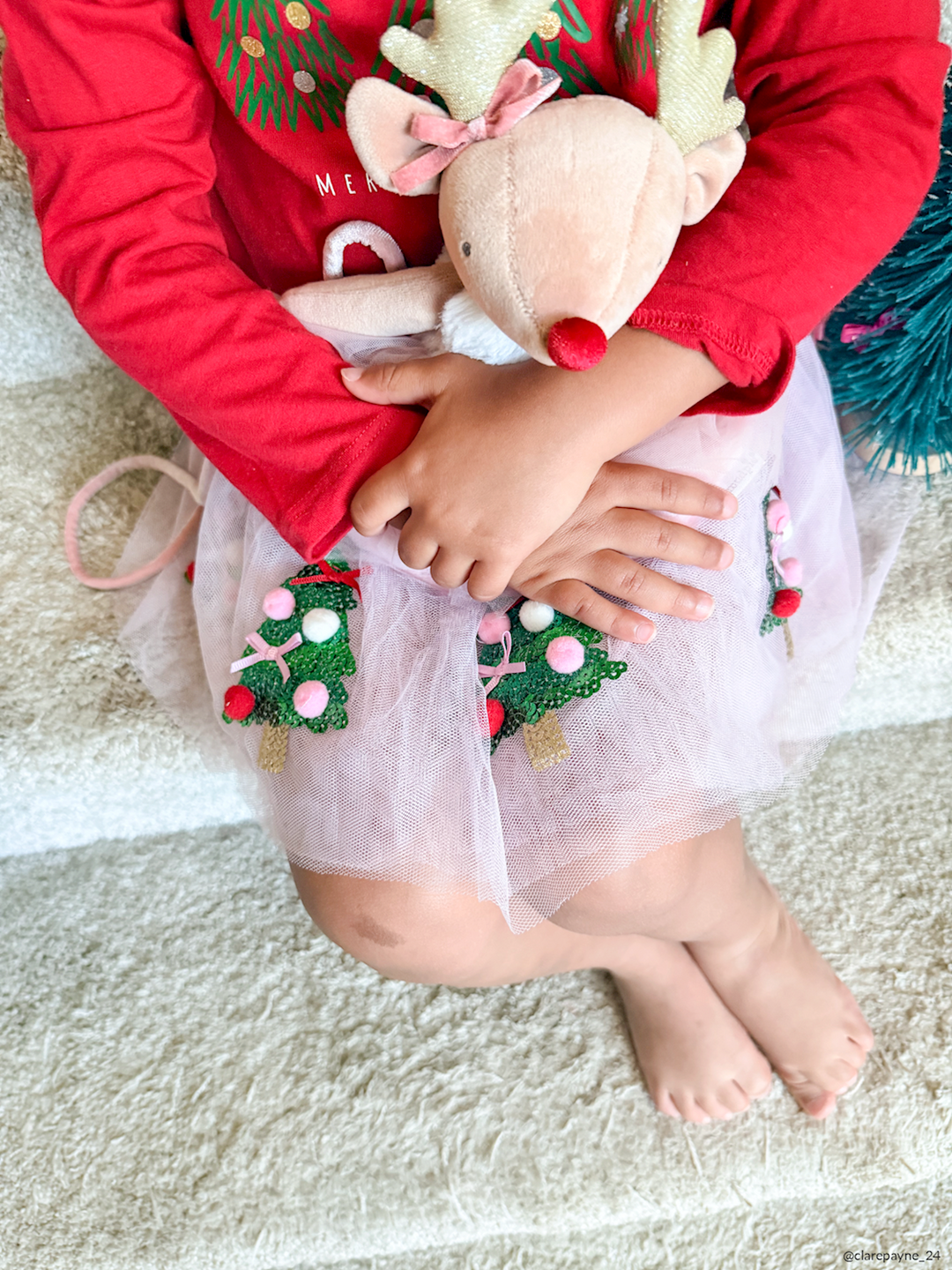 Reindeer plush purse with red nose and gold glitter antlers, and Christmas tree tutu skirt. Sizes available.