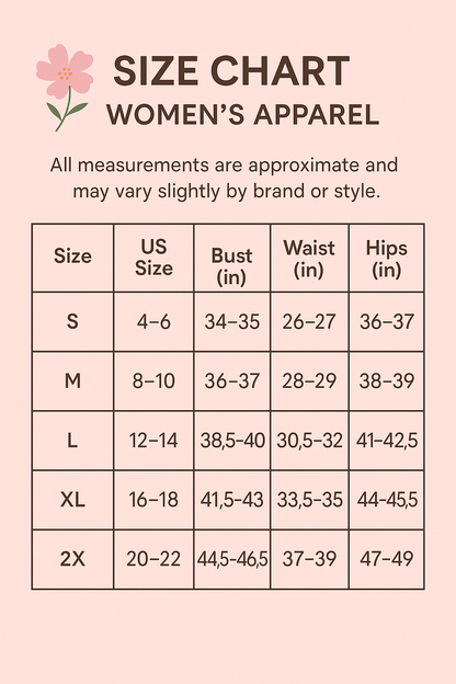 Women's Pullover Embroidered Bubble Sleeve Top size chart, S–2X, shows US sizes and bust, waist, hip in inches.