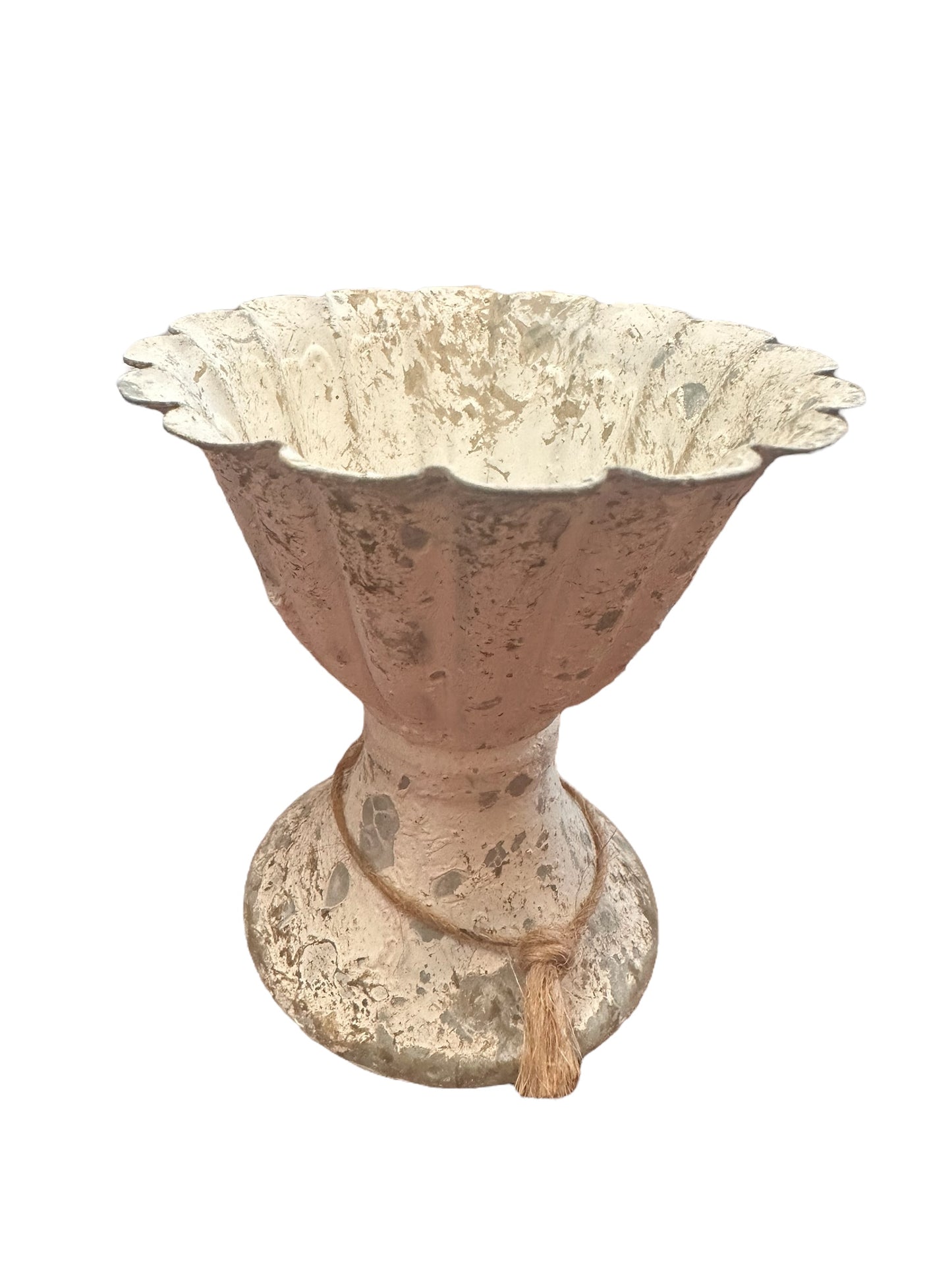 Rustic weathered bowl-shaped White Urn Metal on pedestal base with fluted top. Worn finish, twine string with tassel. Resembles antique white urn in concrete/stone appearance. Available sizes: Small, Medium, Large.