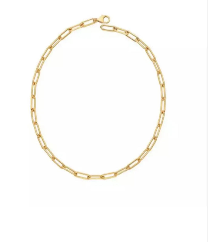 Luxurious Gold Link Necklace with elongated rectangular links in a continuous loop. Available sizes: 16", 18", 20".