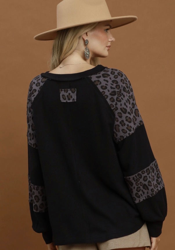 Leopard Mix Thermal Top in waffle-textured knit with leopard print accents on shoulders and sleeves. Available in sizes XS-XL.