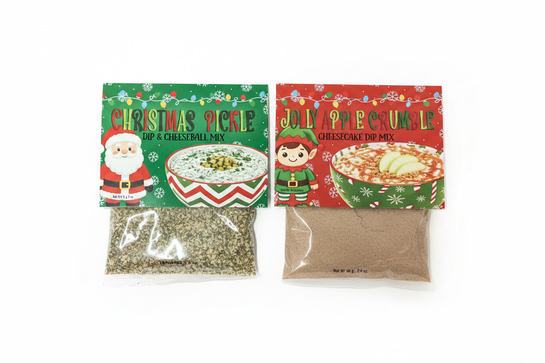 Carmies Holiday Collection pouches: Christmas Pickle Dip &amp; Cheeseball Mix and Jolly Apple Crumble Cheesecake Dip Mix.