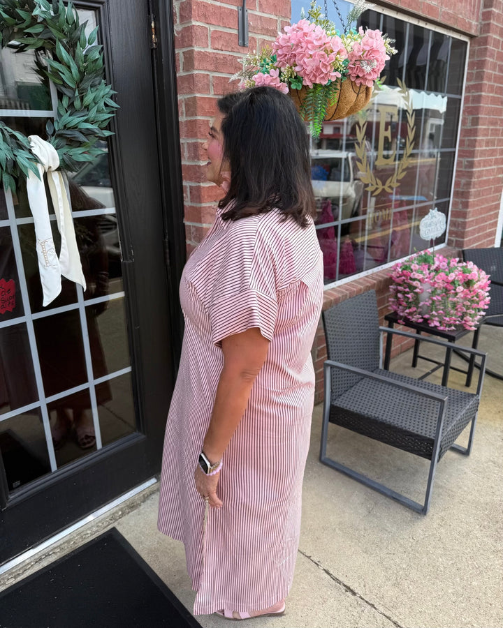 Pink &amp; Brown striped polo midi dress, short sleeves, button-up collar. Sizes available.