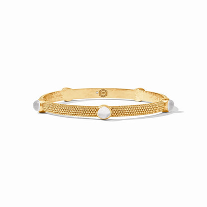 Textured 24K gold-plated bangle with five white pearls; available sizes: small, medium, large.