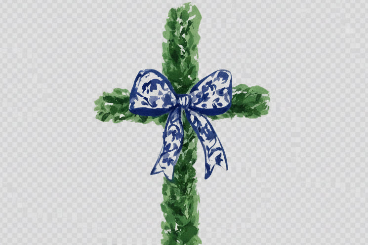 Watercolor-style green leafy cross with blue and white bow. Available in multiple sizes.