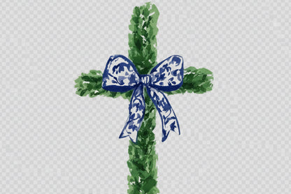 Watercolor-style green leafy cross with blue and white bow. Available in multiple sizes.