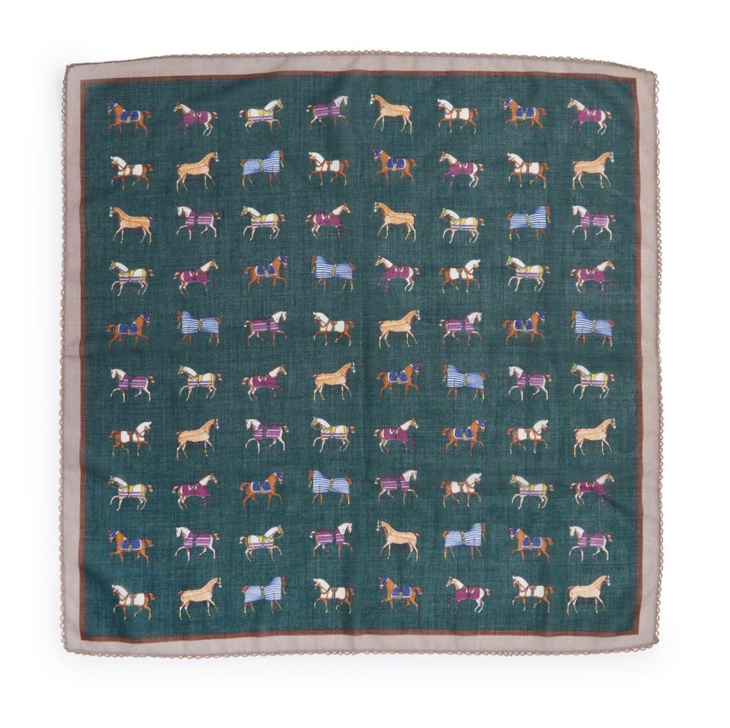 Dark green square polyester scarf with a grid of colorful illustrated horses and a thin brown border. Available sizes: 70x70cm, 90x90cm.